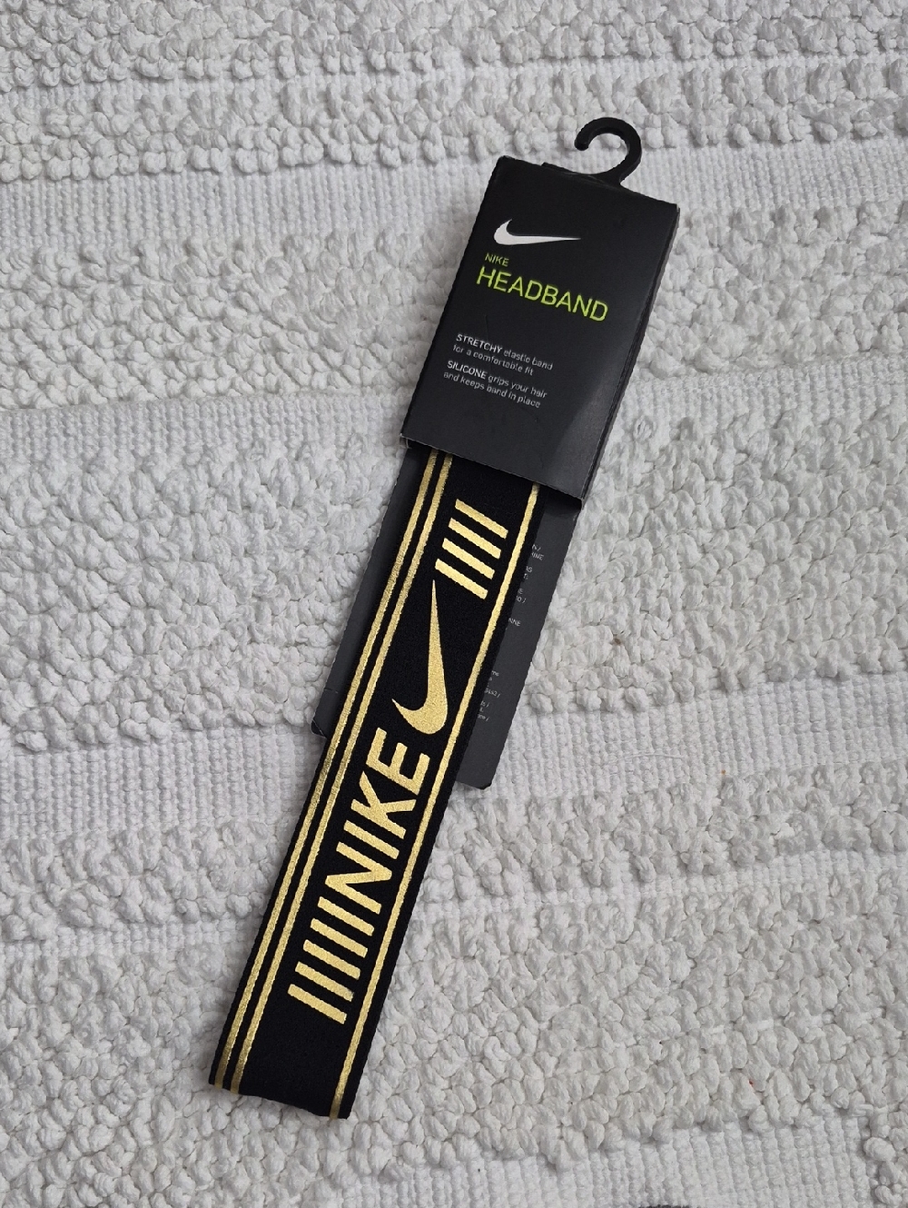 NIKE Black, Metallic Gold Logo Stretch Headband, Non-slip